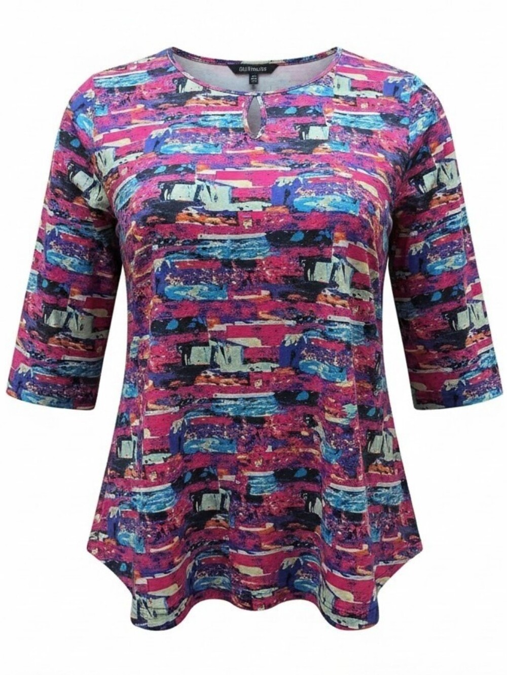 ULLA POPKEN | Artsy Abstract Swing Tunic Keyhole Cotton Plus Tee | 32 34 5X 6X‎